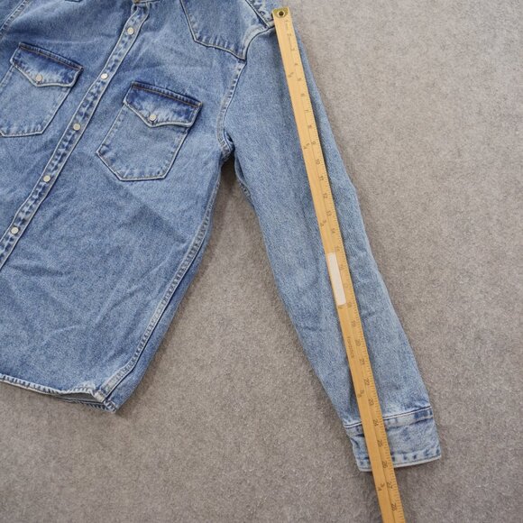 Zara Jacket Mens Medium Blue Denim Button Up Graphic Print MCM Pockets - Picture 10 of 12